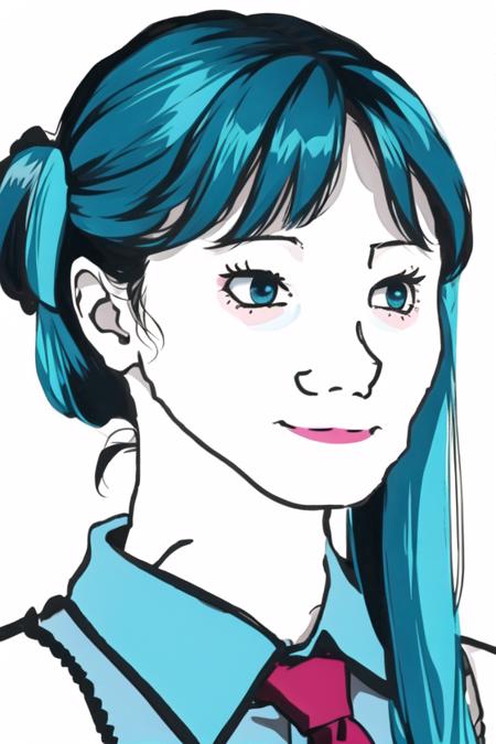 <lora:wojak:.8>, wojak, masterpiece, best quality, 1girl, solo, sketch, bow, updo, aqua eyes, :3, shirt, grey shirt, hair bow, necktie, looking at viewer, collared shirt, aqua hair, aqua necktie, closed mouth, smile, portrait, simple background, white background, bare shoulders, sleeveless, bangs, blue bow, sleeveless shirt, upper body, hair between eyes, long hair, hatsune miku,