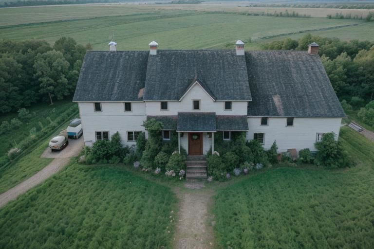 top view, from 150 feet above, wide farmstead with a large main home with a barn to one side near to village , plants and forest at the river and lake side, translucent, high quality photography, 3 point lighting, flash with softbox, 4k, Canon EOS R3, hdr, smooth, sharp focus, high resolution, award winning photo, 80mm, f2.8, bokeh, undefined