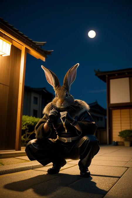RAW photo,best quality ,masterpiece, a  wererabbit wearing a black ninja outfit,  Rabbit, exquisitely detailed fur, extremely detailed eyes,
<lora:7_wereanimal_1v5_768_0001BD5e_NR128NA128off-000002:0.8>, prowling through a Japanese city at night on the rooftops, crouching, short sword drawn,