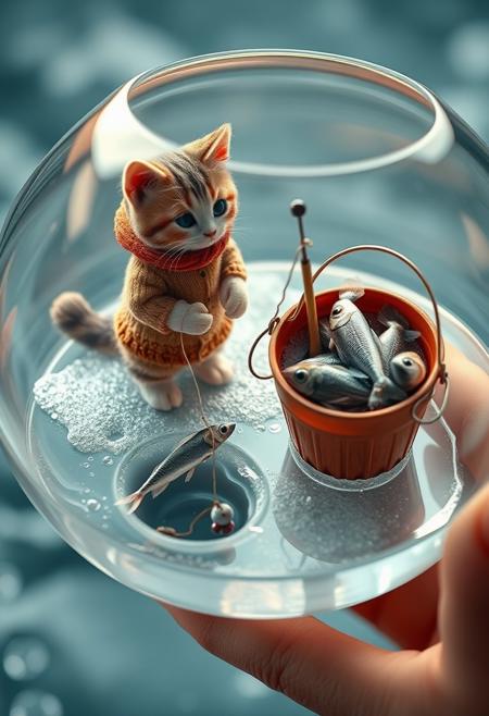 "Create a whimsical and realistic digital artwork featuring a miniature scene of an adorable cat dressed in warm winter clothing, standing on a thin layer of ice with the water visible from below. The cat should be rendered in exquisite detail, with visible texture and subtle shading that captures the softness of its fur and the warmth of its winter clothing. The ice should be transparent, with visible ripples and bubbles that capture the movement of the water beneath. The bucket filled with freshly caught small fish should be next to the cat, with each fish rendered in intricate detail, complete with scales and fins. The cat should be standing in front of a small hole drilled in the ice, with its line and bait visible beneath the surface. Unbeknownst to the cat, a singular terrifying monster fish should be lurking in the deep, with long needle-like teeth and a menacing gaze fixed on the bait. The overall effect should be one of enchanting realism, as if the viewer could reach out and touch the clear bowl and feel the chill of the ice. The scene should be viewed from the side of the bowl, with a great view of everything going on in the miniature world." Highest-Quality, 4k, intricate details, visually stunning, Masterpiece