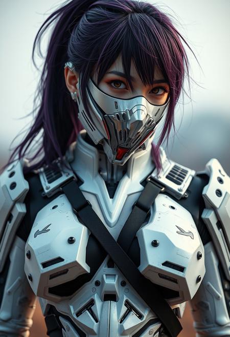 Upper body ,1girl ,beautiful 28 yo girl,dark purple hair, ponytail_hair,messy hair ,((Best quality, 8k, 32k, masterpiece,RAW photo, (realistic, photo-realistic:1.3),best quality,highly detailed,masterpiece,ultra-detailed), cyberpunk white mechanical armor suit , psychedelic military warrior women, (metallic white mask), using dark atmosphere mechanical detail cables and using katana black and red color palette gothic style,, ,blurry background,smile,,(oil shiny skin:1.1), (big_boobs), willowy, chiseled, (hunky:1.6),(perfect anatomy, prefect hand,), 9 head body lenth, dynamic sexy pose, (artistic pose of awoman),(from_below:1.3),