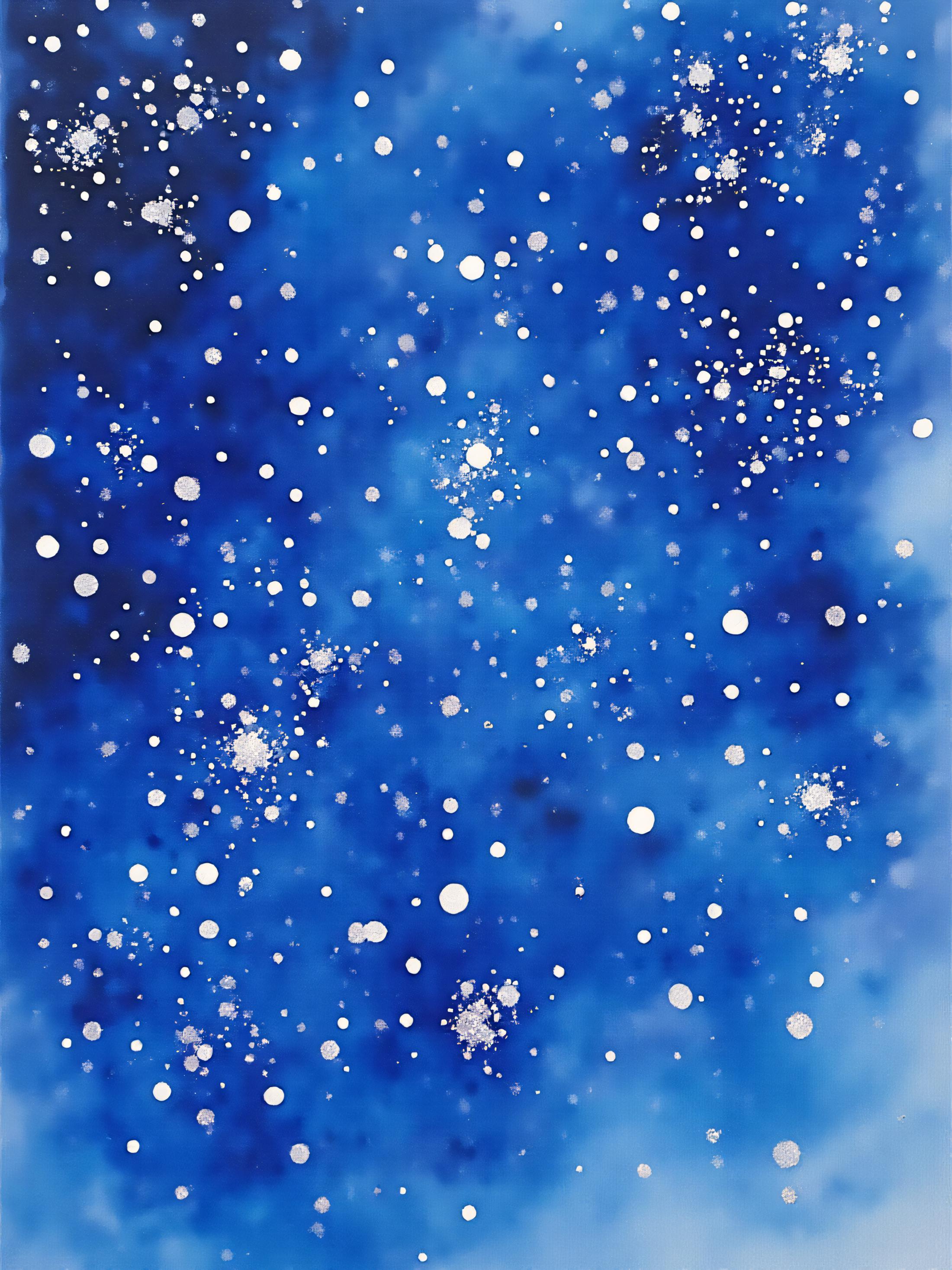 ArsMJStyle, Watercolor, Splatter Technique, An abstract representation of a night sky, with splatters of white and silver paint representing stars against a deep indigo background. The splatters vary in size, creating a sense of depth and movement, evoking a starry night.