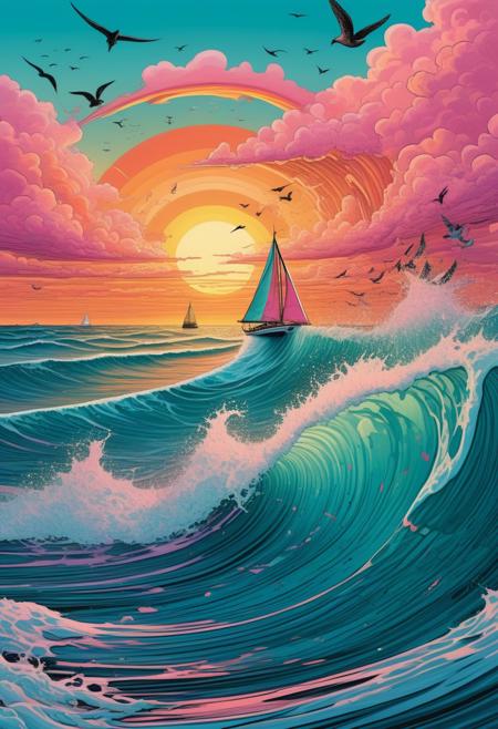 Wild Waves Adventure: A surreal, photorealistic seascape merging the boldness of graffiti art with Art Deco patterns, showcasing crashing waves glistening under a colorful sunset. A sailboat with exaggerated, comic-book style waves rides the surf, splashes popping in detailed abstractions. The ocean and sky meet in shades of pink, orange, and teal, with birds soaring, adding a sense of freedom. The scene feels alive, with water and sky blending seamlessly, an energetic celebration of nature and human spirit at sea.