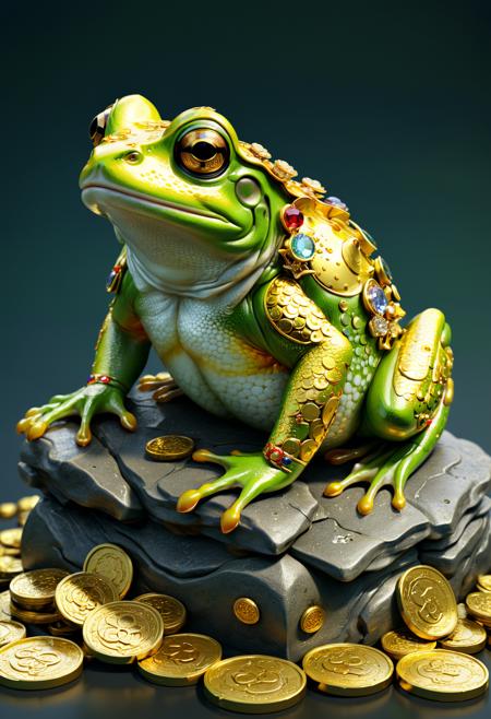 Jin Chan, a mythical creature resembling a frog with golden skin, adorned with coins and jewels, often depicted sitting on a pile of treasure, symbolizing wealth and prosperity, (by florey:1.4), intricate details <lora:xl_more_art-full_v1:0.5> <lora:add-detail-xl:1> <lora:RMSDXL_Creative:2>