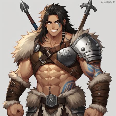 B4rbarian barbarian, fur trim, shoulder armor, belt, piercing, tattoo, armor, abs, biceps, smile