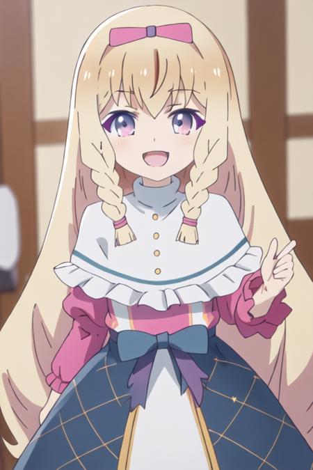 best quality, masterpiece, highres, solo, {noire_foschurose_kumakumakumabear:1.15}, blonde_hair, long_hair, braid, bow, hair_bow, bangs, twin_braids, purple_eyes, smile, blush, open_mouth, 1girl, parody, dress, hairband