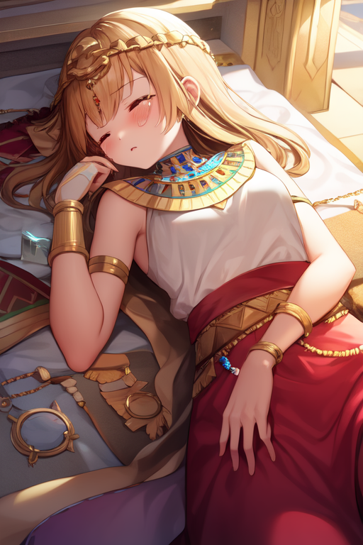 ancient egyptian clothes, 1girl, solo, sleeping, lying, on back, temple, pile of gems, tears