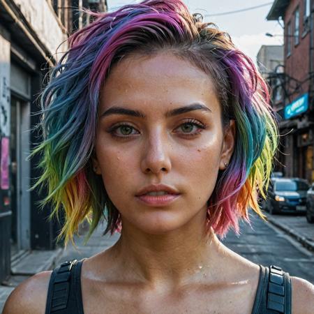 epic realistic, DV_Karah_Vicious, cyberpunk lanscape, ultra realistic, cinematic lighting, ultra detailed, detailed gorgeous face, beautiful girl, olive skin, medium length rainbow hair, simetric face, good anatomy, deusamelada, (Masterpiece:1. 3), (best quality:1. 3), <lora:add_detail:0. 4> <lora:epi_noiseoffset2:0. 4> <lora:hairdetailer:0. 6> <lora:more_details:0. 3> <lora:add-detail-xl:1. 2> <lora:DetailedEyes_V3:1. 2> <lora:sd_xl_offset_example-lora_1. 0:1. 2>, (natural skin texture, hyperrealism, soft light, muted colors), background, rutkowski, rim light