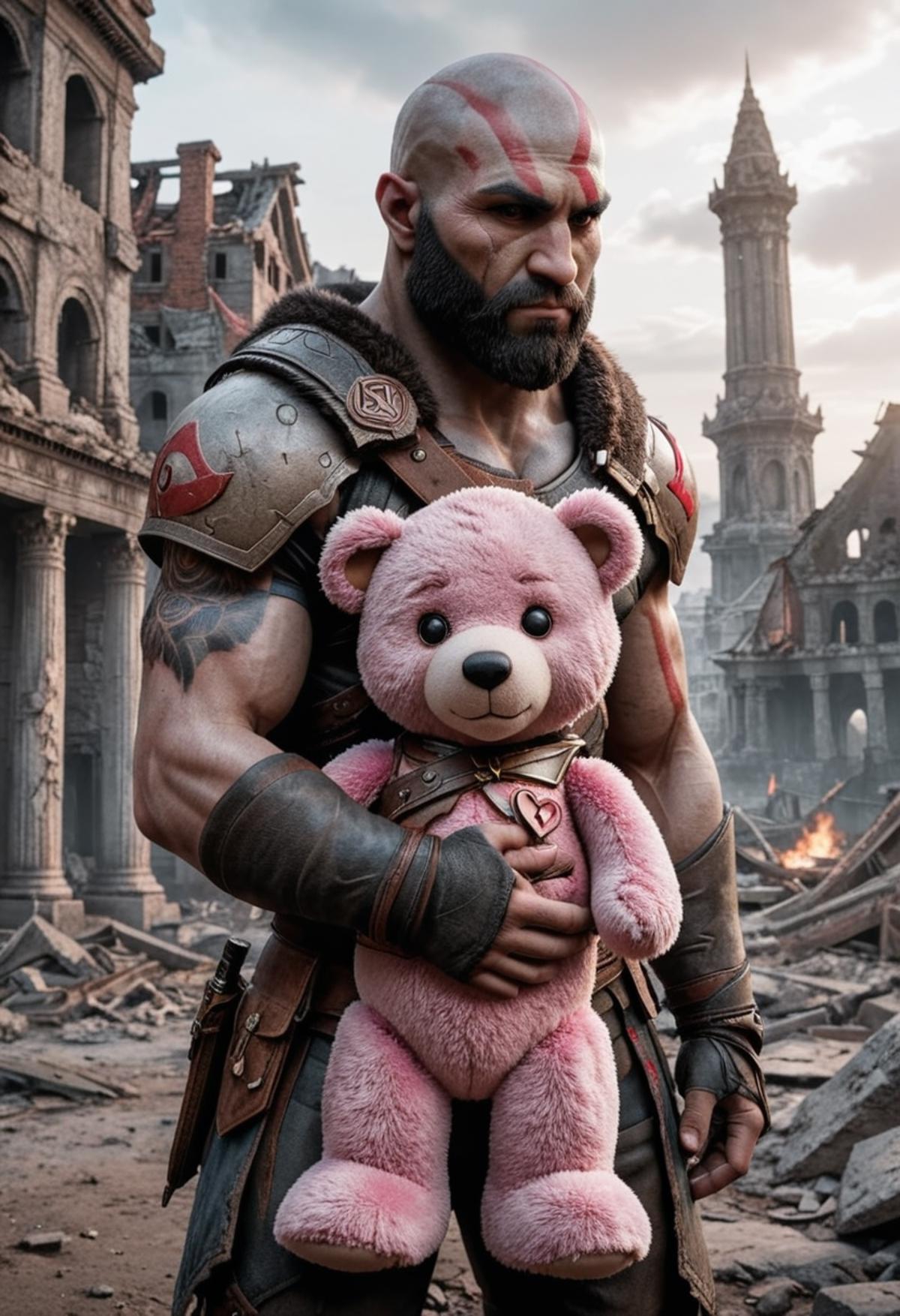 A man holding a pink teddy bear in a war-torn environment.
