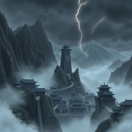 A liminal space in Kumogakure, the Hidden Cloud Village, exactly as seen in Naruto. Towering mountains surround the village, their peaks disappearing into a thick layer of clouds. The traditional yet imposing buildings, constructed from stone and reinforced wood, cling to the cliffsides, connected by narrow bridges and winding paths. The Raikage’s tower, a massive structure of dark stone, stands at the village’s center, overlooking the empty streets below.
The village is completely deserted—no shinobi, no movement, only the distant sound of the wind howling through the mountain passes. The sky is a deep gray, filled with heavy clouds that seem to press down on the landscape. Occasionally, a faint crackle of lightning illuminates the misty peaks, casting brief shadows over the quiet village. The usual energy of Kumo is gone, replaced by a profound sense of stillness. The village feels suspended in time, as if the world has momentarily paused, leaving only the towering cliffs and endless sky.