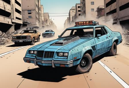candid view, mad max style, interceptor car chase, epic, action, cinematic, motion trails, colored inked, comics, graphic novel illustration, flat colors, highly detailed, large gradient, paper texture, go pro, color graded illustration, comics page, scoundrel