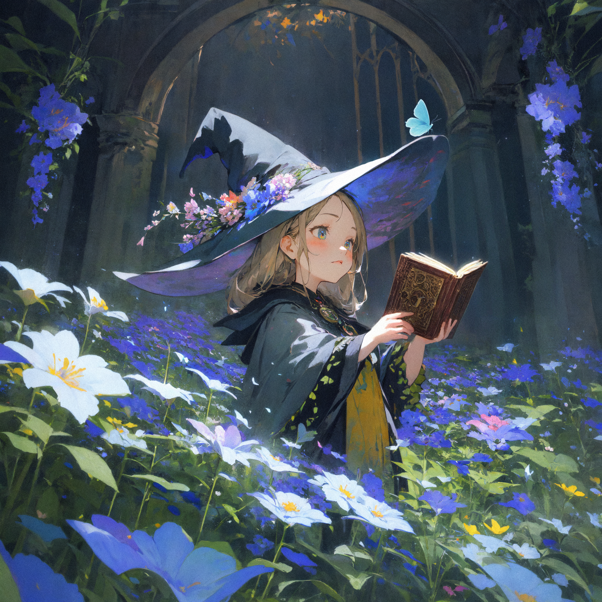 masterpiece, best quality, girl, witch, flowers, flower field, butterfly, book, painting style, soft,