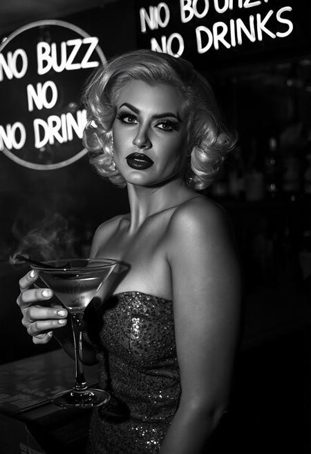 Film noir style, black & White, high contrast, greyscale:2.5, 1940s film noir detective movie, shot on film, film noir detective movie, cinematic, 
((best quality)), ((masterpiece)), (detailed), film noir butterfly lighting, 
Female, beautiful voluptuous woman, platinum blonde hair in 1940s pinup style, full pouty lips, lips parted, busty, hourglass figure:0.7, slinky strapless and sleeveless dress, super sexy sequin dress, standing at a bar in a cocktail lounge, Smokey background:0.6, neon Sign says “NO BUZZ NO DRINKS”:1.5, highly detailed skin, looking at the viewer,  holding a martini glass, background of a bar, backlit bottles of upscale alcohol on shelves behind bar:0.6, no watermark signature, closed mouth, insanely detailed, ((masterpiece)), HDR, key visual, studio quality, highly detailed, close portrait,
beautiful, ultrafine, detailed, studio lighting . Monochrome, high contrast, dramatic shadows, 1940s style, mysterious, cinematic, film noir:0.9,