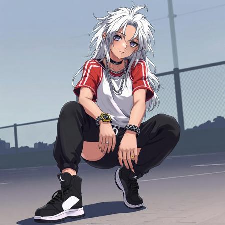 Ohne anime women with Long white messy hair in a Sports outfit and black Jordans  wearing a Ring chain bracelets  bracelets and a chain necklace