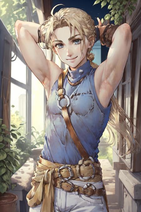 JowyAtreides, blue shirt, white pants, yellow belt, sleeveless,  1boy, solo,   blonde hair, low ponytail, arms up, arm behind head, light smile,    <lora:JowyAterides_Suikoden2V1.1:1>