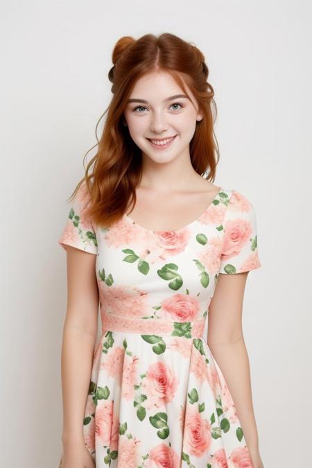 HD, perfect quality, 16k, very detailed,  a beautiful 21yo college girl with ginger hair in an updo, pale skin, wearing a calico floral dress, pink fleckes, green eyes, slim, detailed skin, hair behind ear, eyeshadow, smiling proudly, standing in front of white background