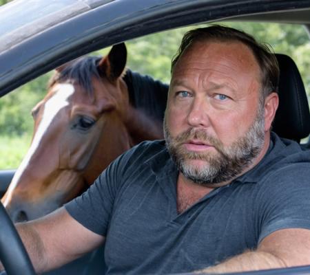 <lora:Alex Jones SDXL - Trigger is Alexjones Person:1> alexjones person driving a car with a (thoroughbred horse in the backseat peering through to the front of the car:1.7)