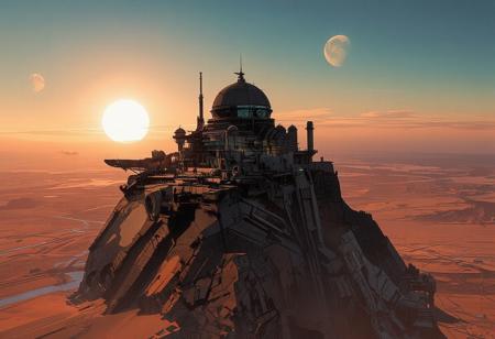 Seen from the sky, a futuristic city rises in the middle of a vast desert. The scene takes place on another planet, as two moons are visible in the sky. The city is perched on a rocky spur, its architecture sleek and harmonious, made of glass and steel. A large building with a grand dome overlooks the city. Space and air traffic can be seen, along with a few mining vehicles. The city is surrounded by an immense expanse of sand. The sky remains fairly bright as the sun sets behind us. The atmosphere is nocturnal, with an overall blend of bluish and orange hues. In the distance, an ocean can be seen.