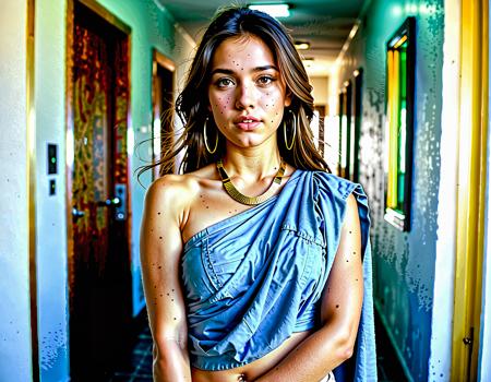 cinematic still action photography of a young woman with ((long hair)) draped in a (toga), dressed in denim tube top, denim shorts, light blue, frayed hems, gold necklace, gold bracelet, navel piercing, white walls, soft lighting, indoor setting, leaning forward, hands under chin, looking at camera, close-up, eye-level shot, frontal perspective, in a hidden city deep in the rainforest plasma, detailed freckles skin, elegant pose, triadic color palette, (fisheyes view:1.2), shot on GoPro HERO9 with Built-in f-2.8 Ultra-Wide . emotional, harmonious, vignette, 4k epic detailed, shot on kodak, 35mm photo, sharp focus, high budget, cinemascope, moody, epic, gorgeous, film grain, grainy, action photography of a young woman with ((long hair)) draped in a (toga), dressed in denim tube top, denim shorts, light blue, frayed hems, gold necklace, gold bracelet, navel piercing, white walls, soft lighting, indoor setting, leaning forward, hands under chin, looking at camera, close-up, eye-level shot, frontal perspective, in a hidden city deep in the rainforest plasma, detailed freckles skin, elegant pose, triadic color palette, (fisheyes view:1.2), shot on GoPro HERO9 with Built-in f-2.8 Ultra-Wide, sharp focus, beautiful, cinematic, intricate, highly detail, warm flashing background, clear, rich