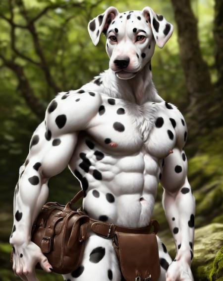 anthro (dalmatian), (detailed fluffy fur, detailed fur texture:1.2), adult, male, solo, athletic, veiny muscles, loincloth, leather satchel, hand behind back, tail, detailed background, wilderness background, photorealistic, hyper realistic, ultra detailed,