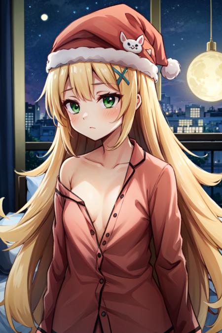 miru blonde hair, green eyes, long hair, messy hair, expressionless, pajamas, nightcap, x hair ornament, off shoulder