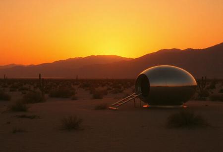avant-garde, retro futurism , gold and chrome, california desert,sunrise, 1990s, robert T, techno style