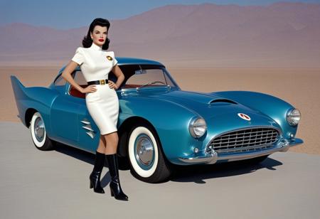 jane russell in retro sci-fi 1960's era sci-fi tight uniform minidress with crisscrossed straps over chest large crescent shaped shoulder pads go-go boots, steel, metal, leather, standing in front of a 1955 experimental concept car with tail fins that has been turned into a space ship full length portrait hyperdetailed, Volumetric Dynamic Ambient Lighting Shadows Photorealistic DSLR 64 Golden Ratio Perfect Composition Intensely Deep Rich Colors Sparkling Iridescent Translucent Holographic Layered Sculptured Polished Reflective Surfaces