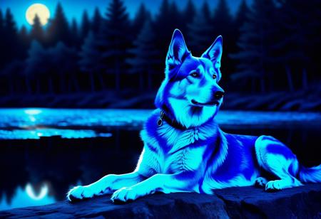 CGI Art, soft-focused, watercolor portrait of a neon blue canine sittting next to a glowing river, in the moonlight with a gentle glow on its fur., highly detailed, sharp focus