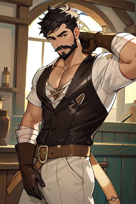 Wagner_Genshin_Impact, solo, short hair, shirt, black hair, gloves, 1boy, brown eyes, white shirt, male focus, muscular, facial hair, bandages, pectorals, muscular male, bara, beard, brown gloves, mature male, mustache, leather, pectoral cleavage, <lora:Wagner_Genshin_Impact:1>