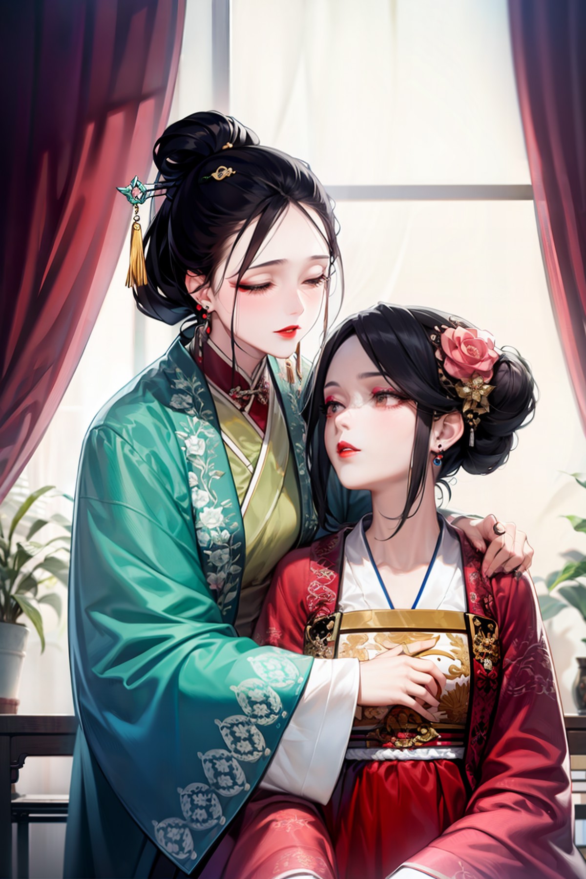 masterpiece, best quality, <lora:hanfu:1>,hanfukozue, flower, 2girls, hair flower, multiple girls, hair ornament, window, ...