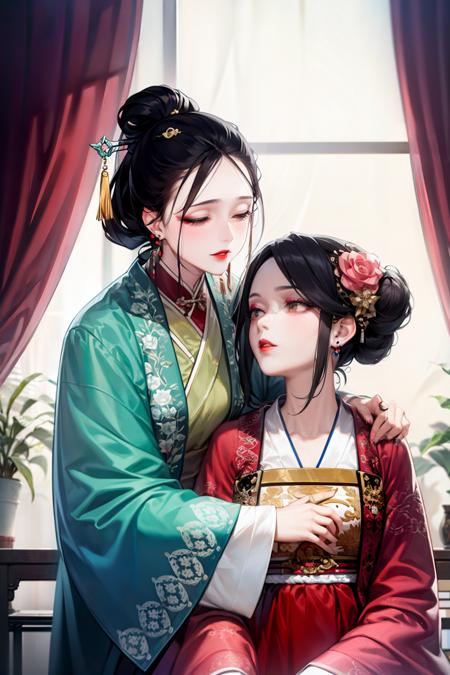 masterpiece, best quality, <lora:hanfu:1>,hanfukozue, flower, 2girls, hair flower, multiple girls, hair ornament, window, chinese clothes, curtains, red lips, black hair, lattice, closed eyes, long sleeves, yuri, updo, jewelry, makeup, earrings, indoors, vase, plant, pink flower, looking at another, dress, upper body, hanfu, lipstick, hair bun, sleeves past wrists, wide sleeves, hand on another's arm, book stack, table, closed mouth, hair pulled back, book, eyelashes, single hair bun, red flower, red dress, rose, robe, eyeshadow, sitting