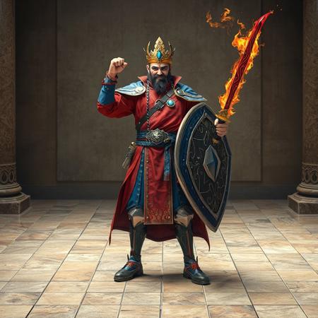 "Epic Full-Body Detail: A victorious Coach King Giantrainer, dressed in vibrant red and blue, stands on an aged tile floor, holding a Cyber Shield and a Flaming Dragonswords. The setting is an Altar of the Bound Deity, which provides a neutral backdrop that highlights the Coach King Giantrainer. This 4K image boasts exceptional quality, dynamic composition, harmonious colors, and vivid details, including a super detailed face, eyes, clothes, and weapons. The image exudes a joyful and powerful energy, with a captivating use of light and shadow. Trending on Artstation HQ."