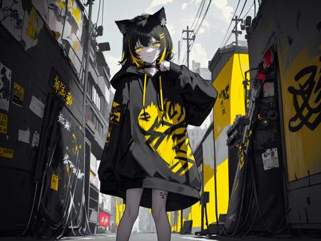 (best quality, masterpiece), (1girl, solo, cat ear black hood, standing, yellow eyes, black hair, leaning, upper body), (less light, black yellow room, Yellow graffiti behind, disorderly spray cans),