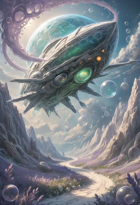 A breathtaking, hyperrealistic digital painting, a surreal, dreamlike landscape, rendered in a whimsical pastel color palette. The planet’s surface is intensely marbled with swirling patterns of lighter and darker hues, radiating a soft, diffused glow from below, casting ethereal shadows across the scene. A prominent, intensely bright circular halo of shimmering white and light purple radiates outwards, framing the planet and creating an otherworldly aura. Below, a sinuous, winding path constructed of polished, smooth crystal material spirals downwards towards the viewer, leading into a dense, swirling bubble field – countless iridescent bubbles in shades of white, lavender, shimmering blue, and emerald green float freely, creating a hazy, dreamlike atmosphere. A sleek, battle-scarred, futuristic scout ship pierces through a turbulent, alien atmosphere, its polished silver hull and orange thrusters contrasting against a hazy, luminous planet enveloped in swirling blue and green clouds, dramatic volumetric lighting emphasizing its speed and power, creating a sense of vastness, adventure, and intense exploration – 8k resolution, trending on ArtStation.
