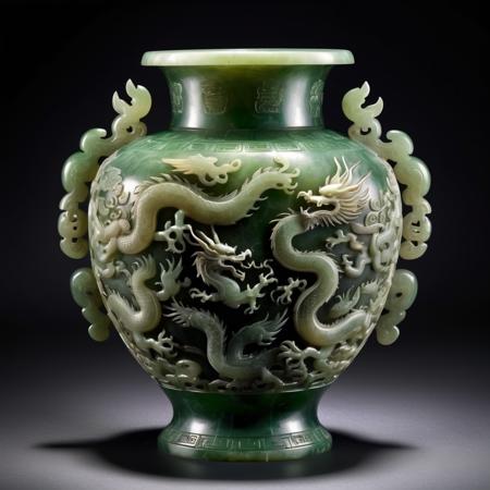 an ancient Chinese jade vase,intricately relief with depictions of dragons and phoenixes,photorealistic,