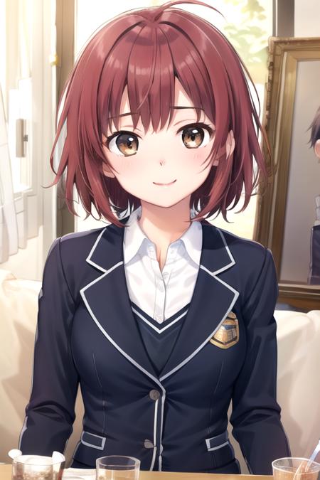 ((masterpiece)),(best quality),official art,extremely detailed CG,unity 8k wallpaper,ultra detailed,beautiful detailed eyes,extremely detailed face,1girl,solo,upper body,(portrait:1.5),looking at viewer,facing viewer,standing,smile,Amahoshi Yuina(skrk),medium hair,red hair,messy hair,side swept bangs,brown eyes,school uniform,blazer,blue jacket,open jacket,wing collar,long sleeves,grey sweater,medium breasts,collared shirt,white shirt,grey skirt,miniskirt,pleated skirt,plaid skirt,white socks,loafers,<lora:Amahoshi Yuina(skrk):0.6>,