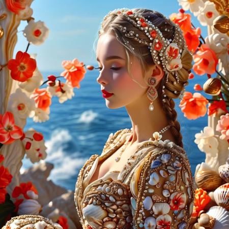 Woman in a dress composed entirely of shells sitting in a shell, James Christensen-inspired portrait, cg society trends, nautical rococo, real pearls, snow-white skin with a noticeable blush, elegant fantasy-style braids, authentic nautical costume, Lutz, coral headdress, shell flowers, Alice in Wonderland style, queen of the sea on the background of Carlsbad cliffs, captivating and alluring, anime princess