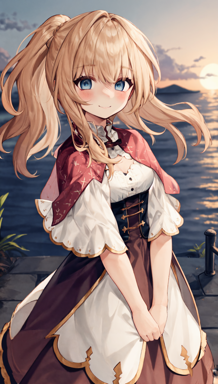 best quality, masterpiece, extremely detailed, detailed background, 1girl, solo, yellow hair, blue eyes, braid, long hair, wavy hair, fluffy hair, ponytail, french braid, blush, smile, capelet, lace trim, bodice, sunset, dusk, scenery, high place, horizon, wind, wind blow, flowerbed, looking at viewer, depth of field, bokeh