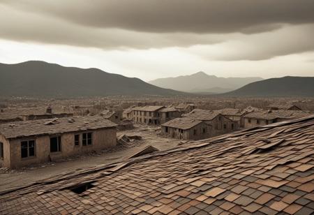 outdoors, post apocalyptic world, blighted landscape, sepia sky, ruined buildings in the foreground, mountains in the distance, crumbling rooftops losing mad-shingles