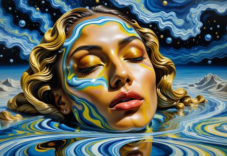 liquid marble painting, impressionism, (surrealism, psychedelic:0.7), portrait, realistic, masterpiece, best quality, mixed-race supermodel, (pretty upturned nose, smooth feminine facial features, full lips, almond-shaped eyes, half-closed eyes, pale hazel eyes:0.9), (Alex Grey, Claude Monet, Salvador Dali, Van Gogh:1.1)
BREAK
underwater in outer space, collapsing stars, nebulas, melting