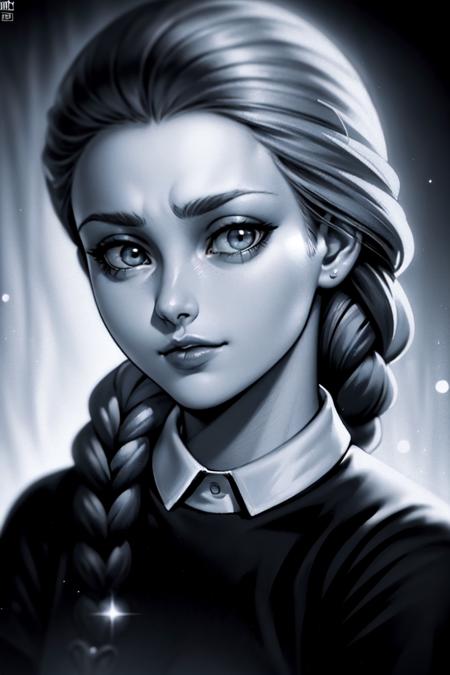 (dark shot:1.4), 80mm, comic style, illustration, cartoon, katsmir, 1girl, solo,  braid, single braid, long hair, closed mouth,  hair over shoulder, braid clip, greyscale, monochrome <lora:katsmir:0.55> , [[by phil jimenez]], soft light, sharp, exposure blend, medium shot, bokeh, (hdr:1.4), high contrast, (cinematic, teal and orange:0.85), (muted colors, dim colors, soothing tones:1.3), low saturation, (hyperdetailed:1.2), (noir:0.4), by rutkowski, by Android Jones, [by Ismail Inceoglu :: 0.3], detailed, (natural skin texture, hyperrealism, soft light, sharp)