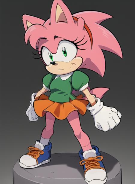 best quality, (masterpiece),(ultra-detailed), (high quality), (high resolution), <lora:AmyRoseC-10:0.7>,Classic Amy, sonic \(series\), 1girl, solo,  short hair, bangs, skirt,  shirt, gloves, animal ears, closed mouth, green eyes, standing, full body, pink hair, short sleeves, hairband, shoes, socks, puffy sleeves, collared shirt, white gloves, flat chest, puffy short sleeves, furry, green shirt, furry female, red hairband, body fur, orange skirt, animal nose, two-tone fur, pink fur