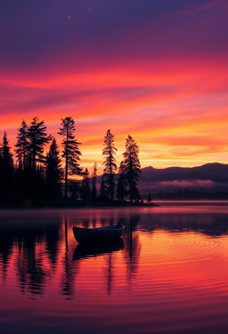 A serene lakeside scene at dusk, where the sky transitions from vibrant orange to deep purple hues. The water reflects the colors of the sky, creating a mirror-like surface. A lone rowboat gently floats on the water, surrounded by soft ripples. Tall pine trees line the shore, silhouetted against the fading light. Fireflies glow softly in the air, adding a magical touch. The atmosphere is peaceful and calm, with a gentle mist rising from the lake, blending with the distant mountains
