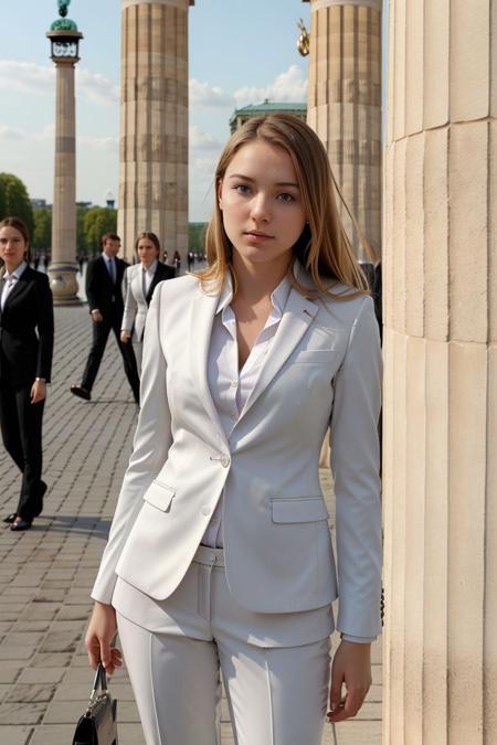 <lora:emily18_obj20:0.5>, full_body, standing, sandals, (business suit), pants, (brandenburg gate), (emily18: 1.2), perfect face, (contact iris: 1.1), pale skin, skin pores , depth of field