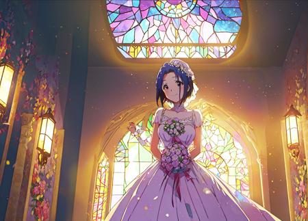 <lora:miura azusa:0.8>,miura azusa,masterpiece,best quality,super fine illustration,1girl,stain glass,wedding_dress,(available light:1.2),(light leaks:1.2),happy,