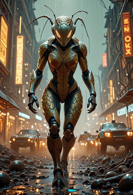 masterpiece, best quality, HDR, absurdres, cinematic, shot, action scene, dynamic, humanoid, hybrid female ant, face mask, compound eyes, muscle bulk, military robot, bionic, (ceramic scales:1.2), gritty, pitted metal, (cyberpunk setting:0.7), rain, nighttime, three quarter shot, (angled shot, strong backlight, sharp shadows:1.15), scaleboundsdxl