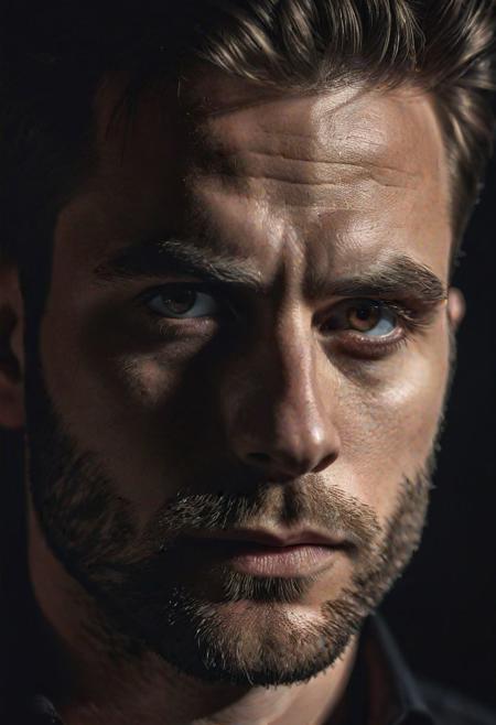 high quality, portrait photo of 30 y.o european man, ((long white eyelashes)), wearing black shirt, detailed face, skin pores, cinematic shot, dramatic lighting