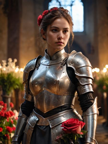 concept art, minomi, a female knight in full armor is standing and looking at viewer, half updo, detailed beautiful face, large breasts, long skirt, abandoned church, blooming roses, sword, low light, dark theme, from above