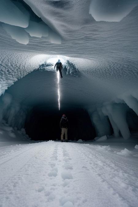 <lora:reubenWuStyleLora_v21:1> a long light line above an ice cave, in the center a floating (man <lora:sahiru:0.9>)
