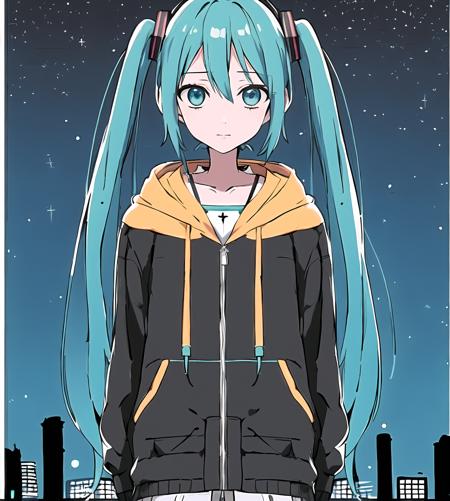 hatsune miku,night,long hair,twintails,headphones,1girl,hood,sky,solo focus,aqua hair,outdoors,night sky,looking at viewer,star (sky),hoodie,multiple boys,starry sky,aqua eyes,hair between eyes,crosswalk,city,lips,road,hood down,street,<lora:nikuchuu:1>,